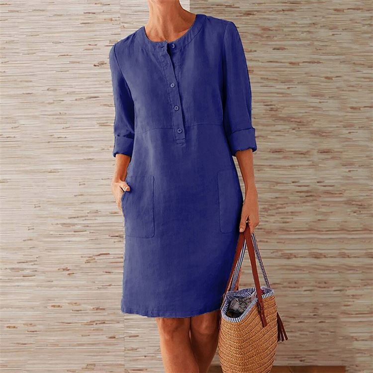 Elegant simple cotton casual dress for women in summer, featuring long sleeves and a round neck.