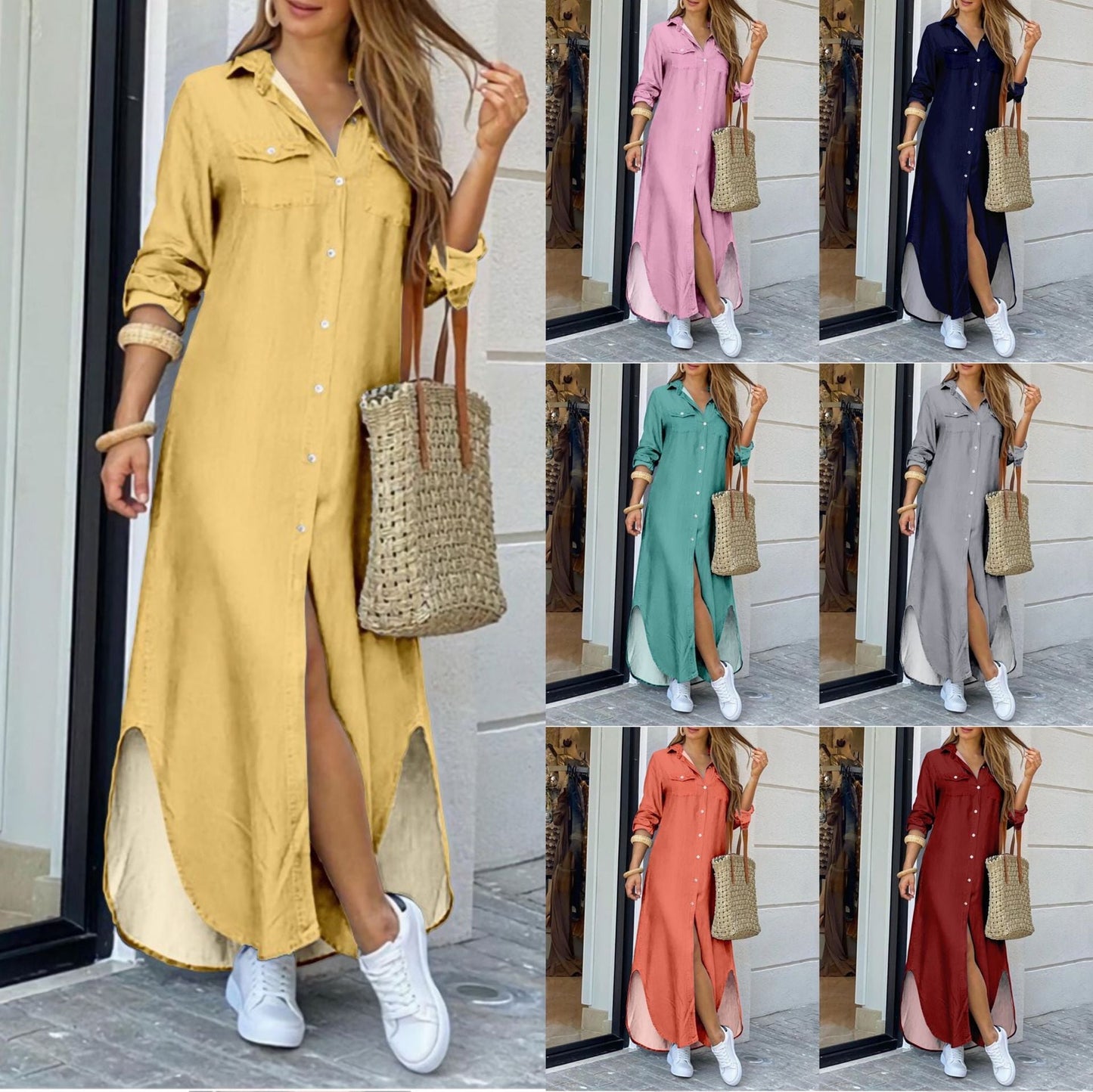 Casual long summer shirt dress in various colors, suitable for autumn fashion, plus size women's clothing.
