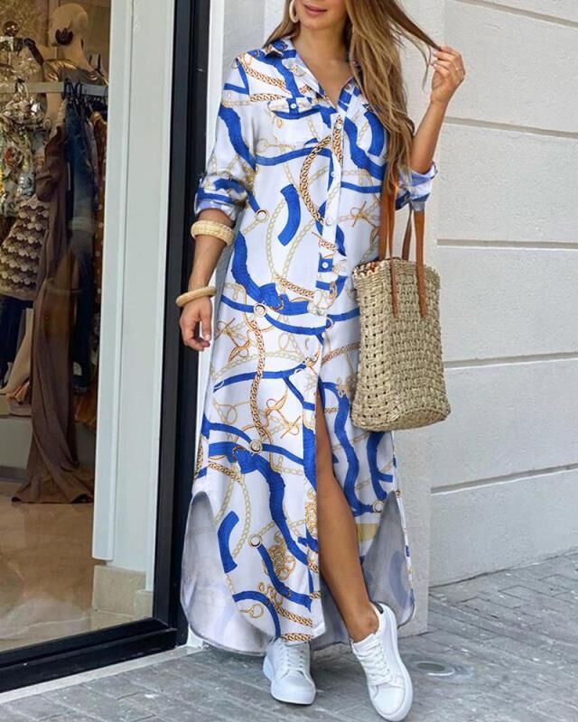 Summer shirt dress with blue and gold print, long sleeves, and casual style for plus size women.