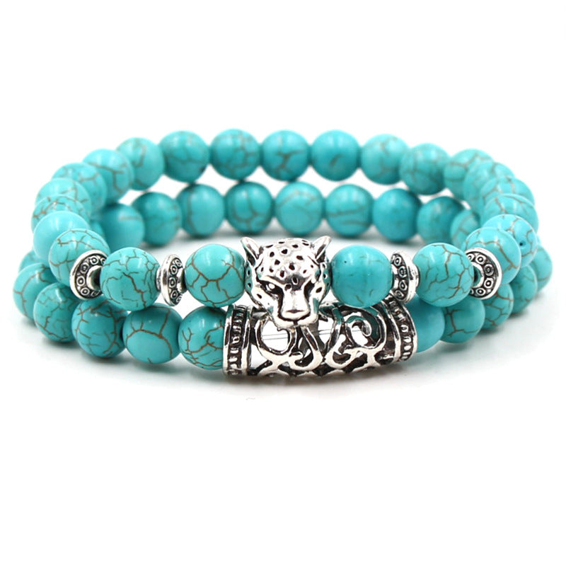 men Natural turquoise Stone Silver Lion owl Buddha Head bracelet jewelry sets