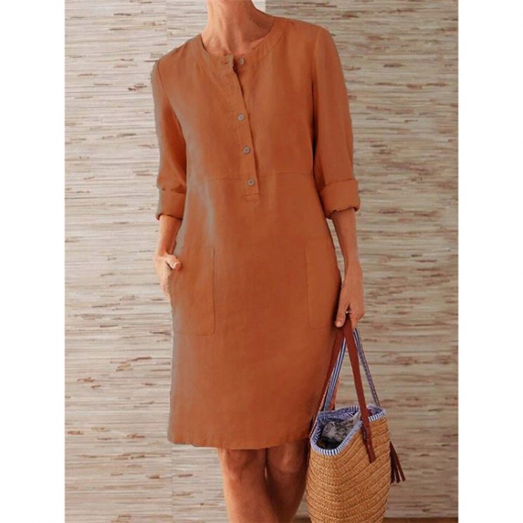 Elegant simple cotton summer dress for women in khaki.