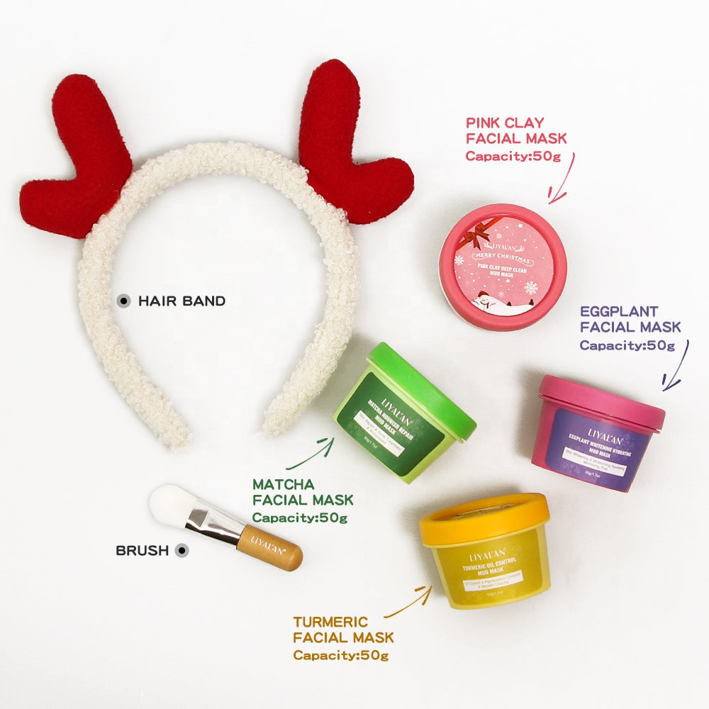 Pore cleaner facial mask Christmas gift set with organic mud clay masks, hair band, and brush.