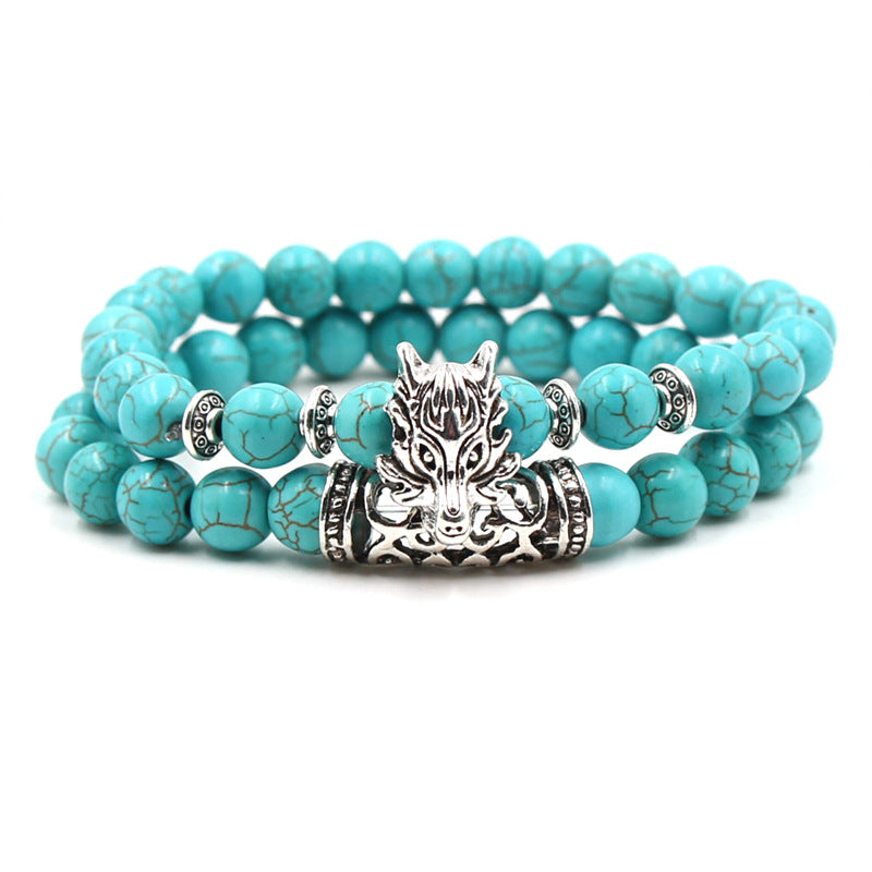 men Natural turquoise Stone Silver Lion owl Buddha Head bracelet jewelry sets