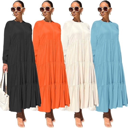 Autumn 2023 women's loose-fit short sleeve casual dress in black, orange, white, and blue. Effortless style for the season.