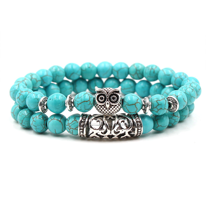 men Natural turquoise Stone Silver Lion owl Buddha Head bracelet jewelry sets.jpg