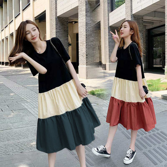 Korean style patchwork summer dresses for women, casual and fashionable.