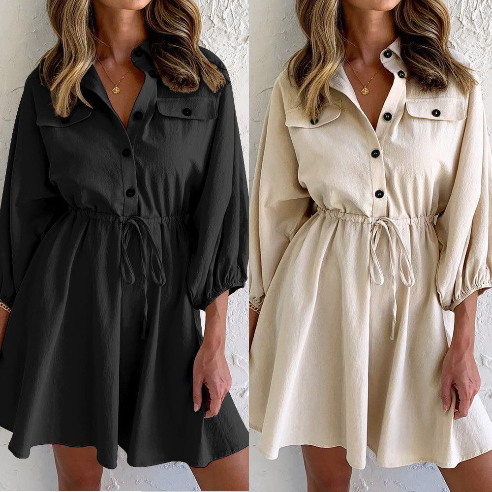 Women's casual dresses, long sleeves, button-up design, black and beige colors.