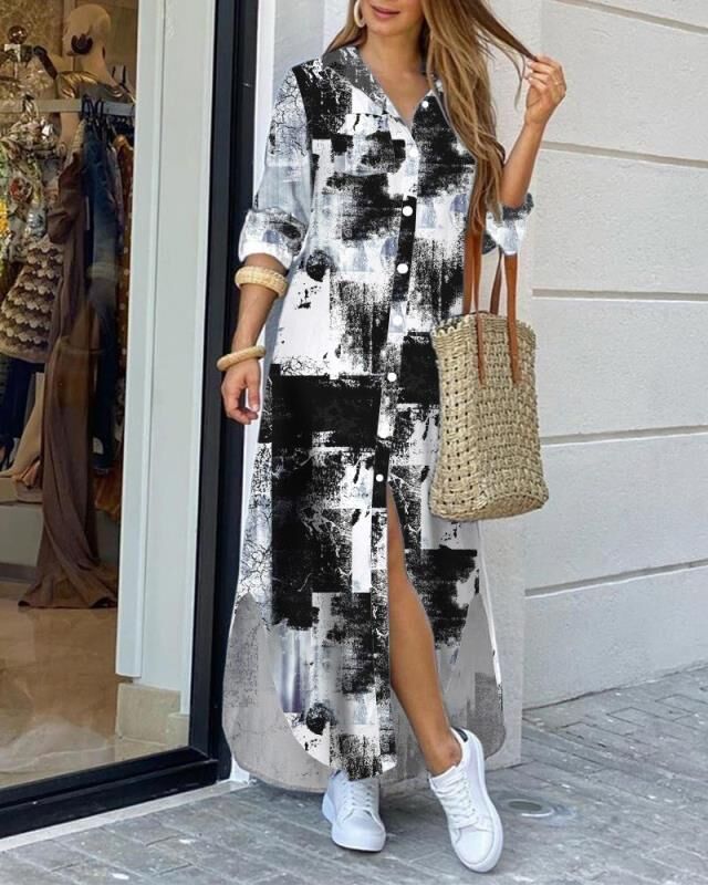 Women's casual long shirt dress, autumn fashion, plus size, in black and white print.