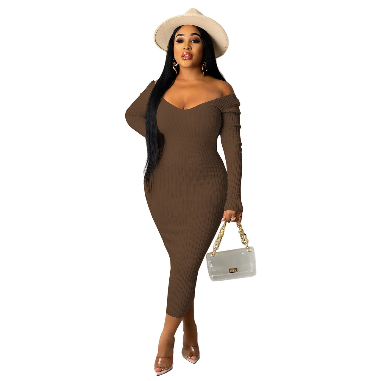 Women's summer dress, elegant off-shoulder design, brown color, with hat and handbag.