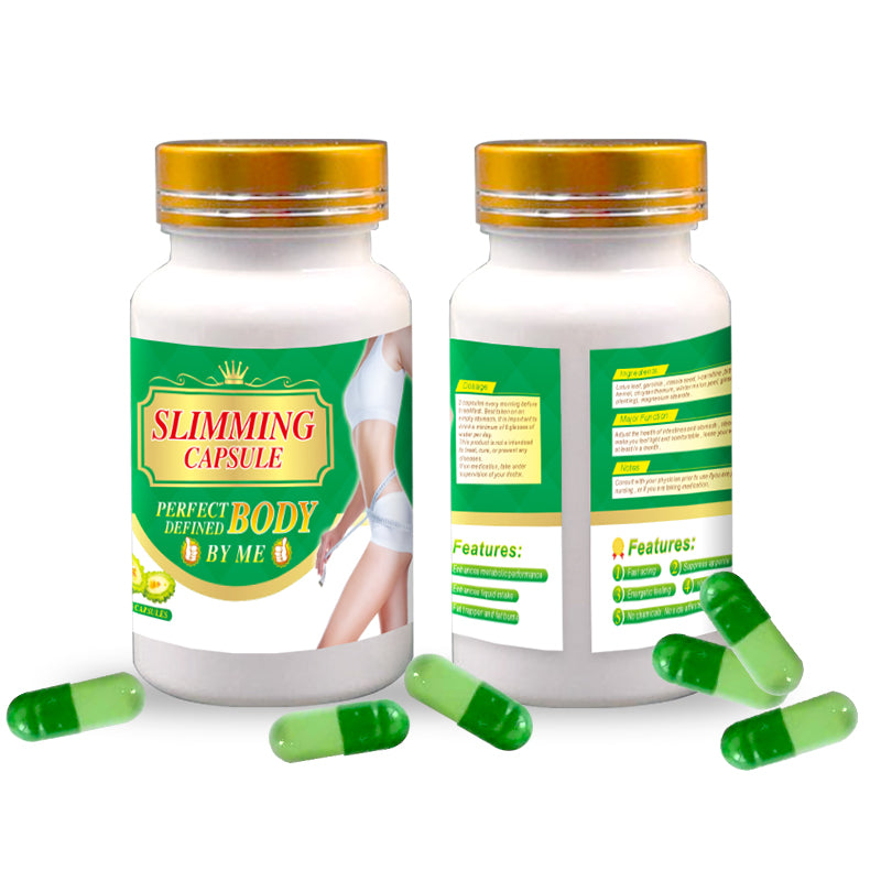 Magic slimming capsule bottles with green capsules, effective weight loss pills featuring natural ingredients for fast results.