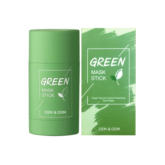 Green tea mask stick in green packaging for purifying and cleansing skincare routine.