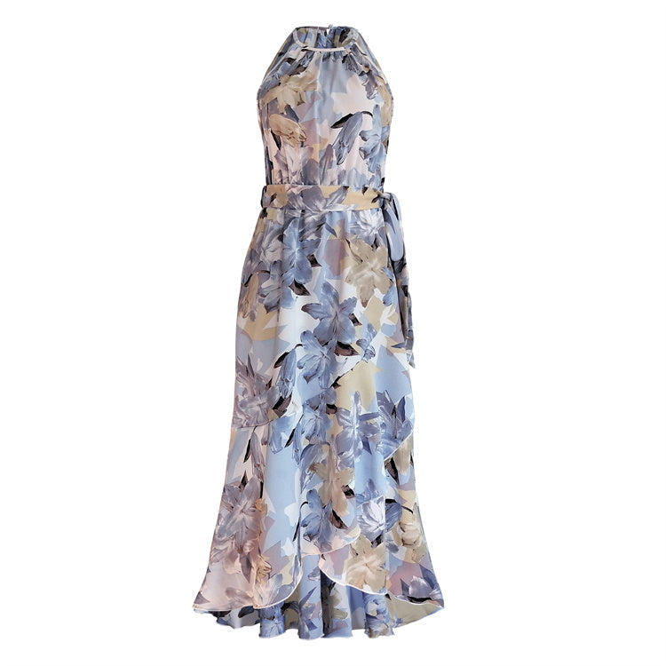 Elegant floral shirt dress for women, sleeveless, knee-length, suitable for fall.
