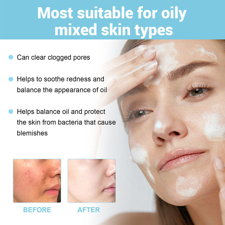 Brightening foaming facial cleanser for oily mixed skin types, clears pores, soothes redness, balances oil, and protects from blemishes.