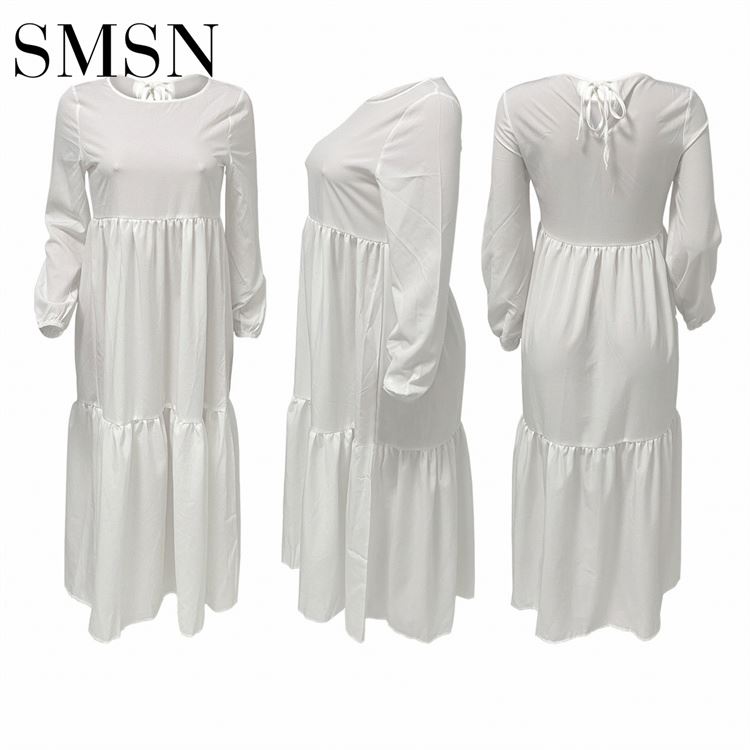 Plus size casual white long sleeve dress, solid color, knee-length, trendy women's fashion.