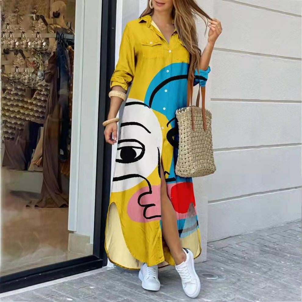 Women's long sleeve boho floral print shirt dress, fall casual fashion.