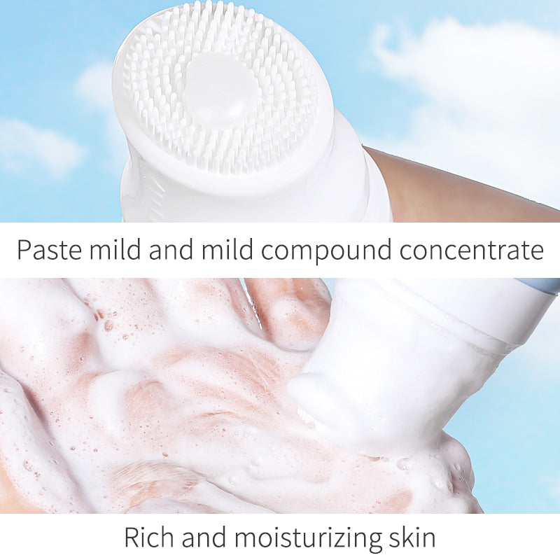Deep cleansing facial cleanser with brush applicator and rich foaming formula for whitening and moisturizing skin.