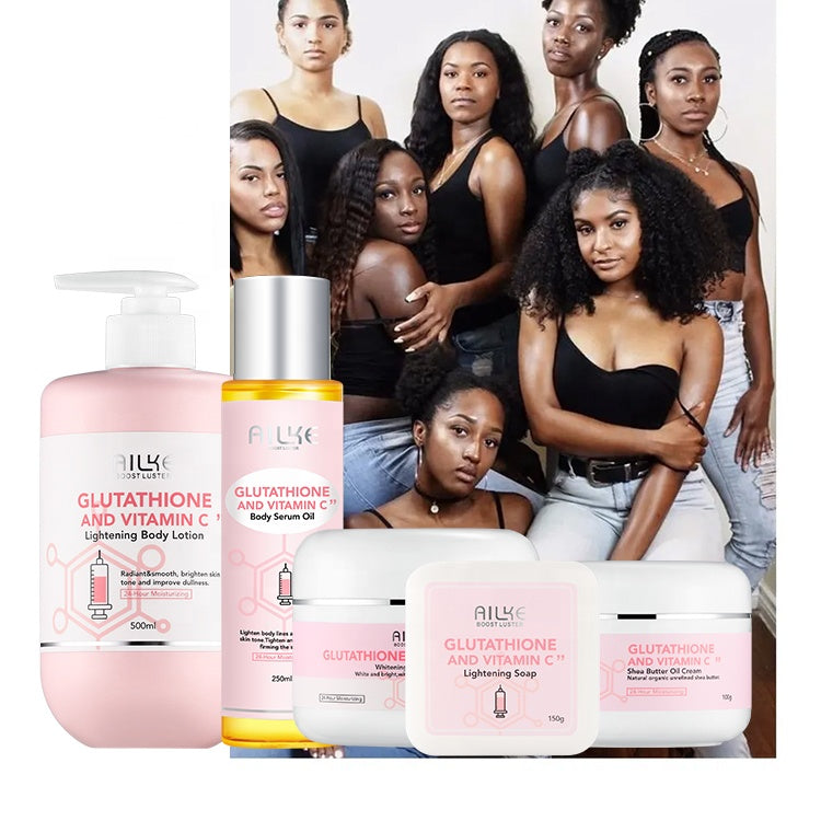 Luxury Organic Vitamin C skin care set with body lotion, face cream, and soap for whitening and moisturizing benefits.