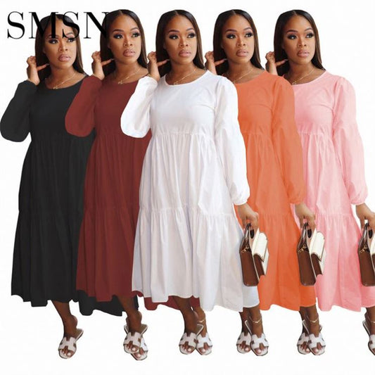 Plus size solid color long sleeves casual dress for women in various colors.
