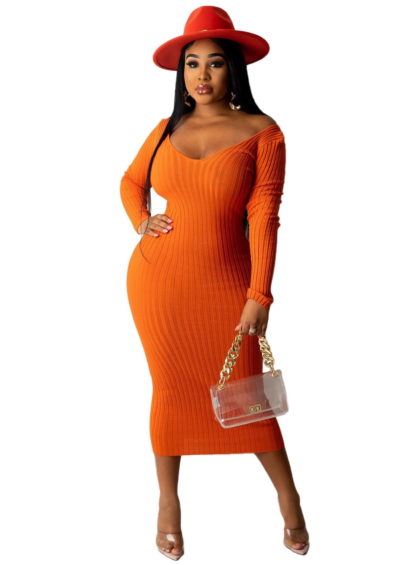 Women's Summer Dress 2022 in orange with customized elegant design, featuring ribbed texture and off-shoulder style.