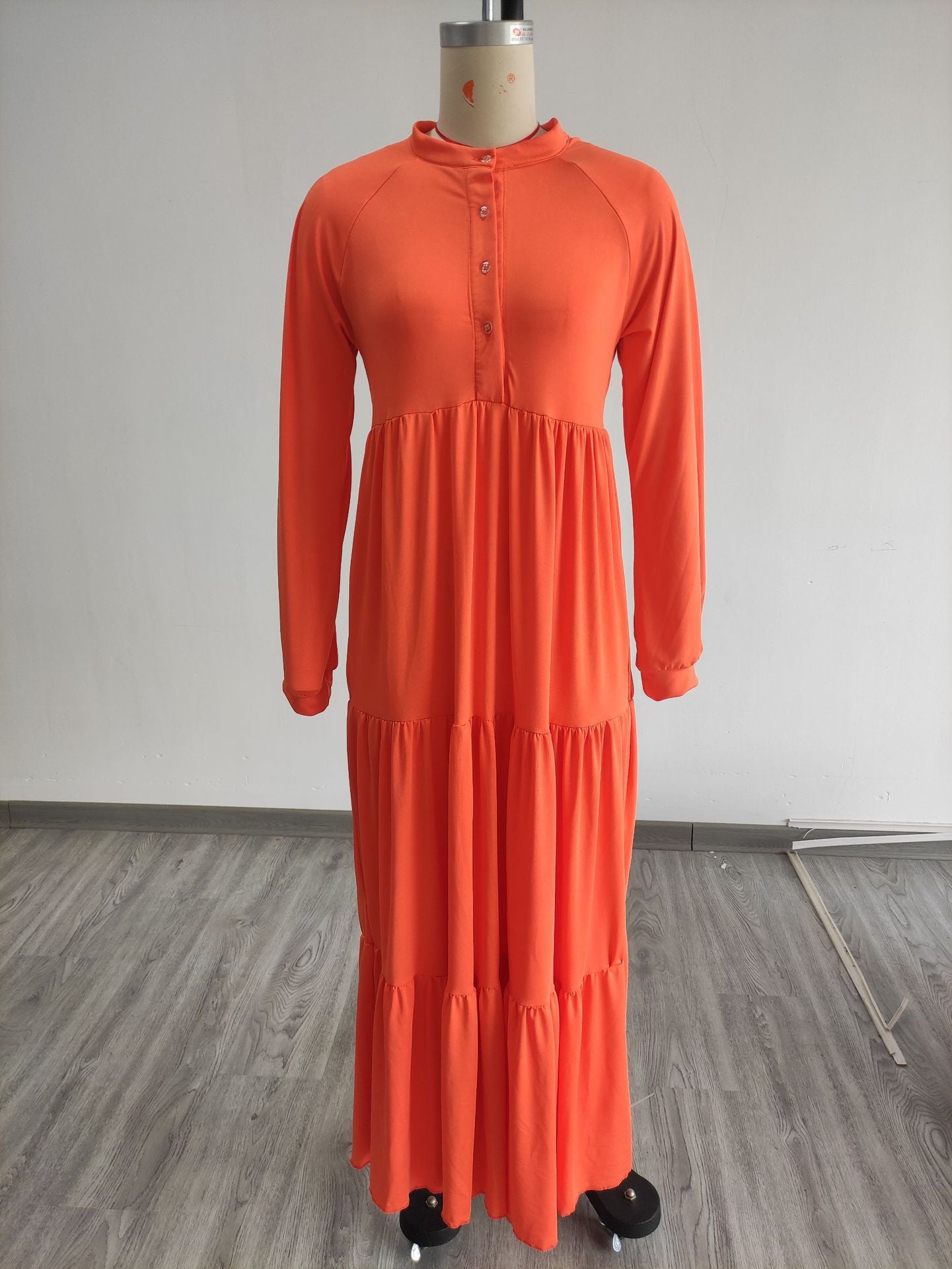 Women's orange long-sleeve casual dress, loose fit for autumn 2023.