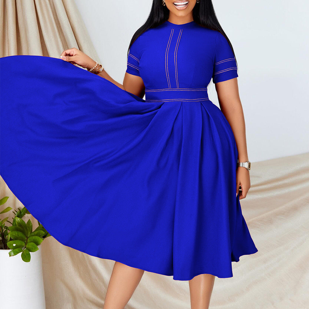 Elegant blue A-line short sleeve office dress for women, perfect for summer.