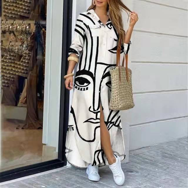 Casual women's fall shirt dress with abstract print, long sleeves, and side slit.