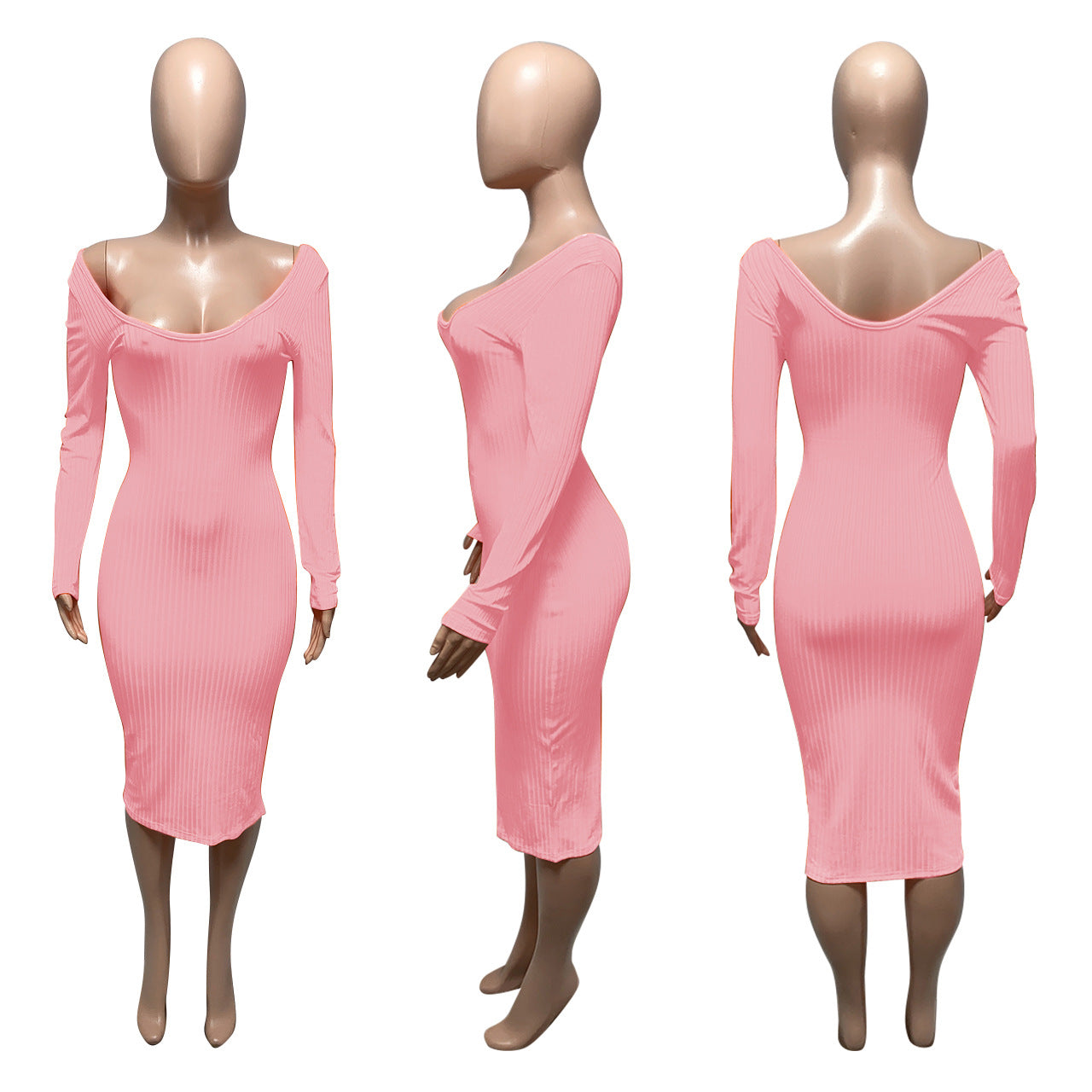Women's pink summer dress 2022, customized elegant design, three mannequin views.