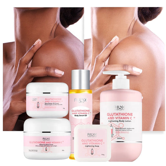 Luxury organic Vitamin C body lotion and whitening face cream set for radiant skin care.
