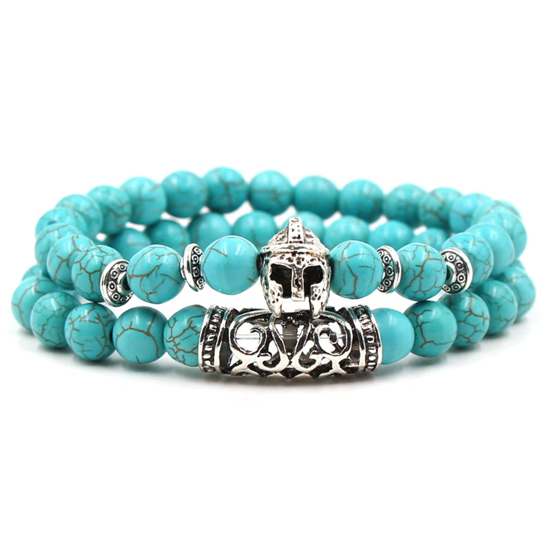 men Natural turquoise Stone Silver Lion owl Buddha Head bracelet jewelry sets