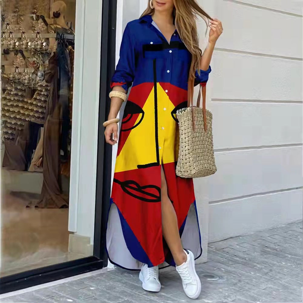 Wholesale women's long printed shirt dress, casual boho style, fall fashion.