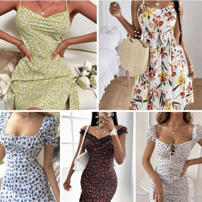 Wholesale casual dresses for women in various floral patterns, offering polyester/cotton material options.
