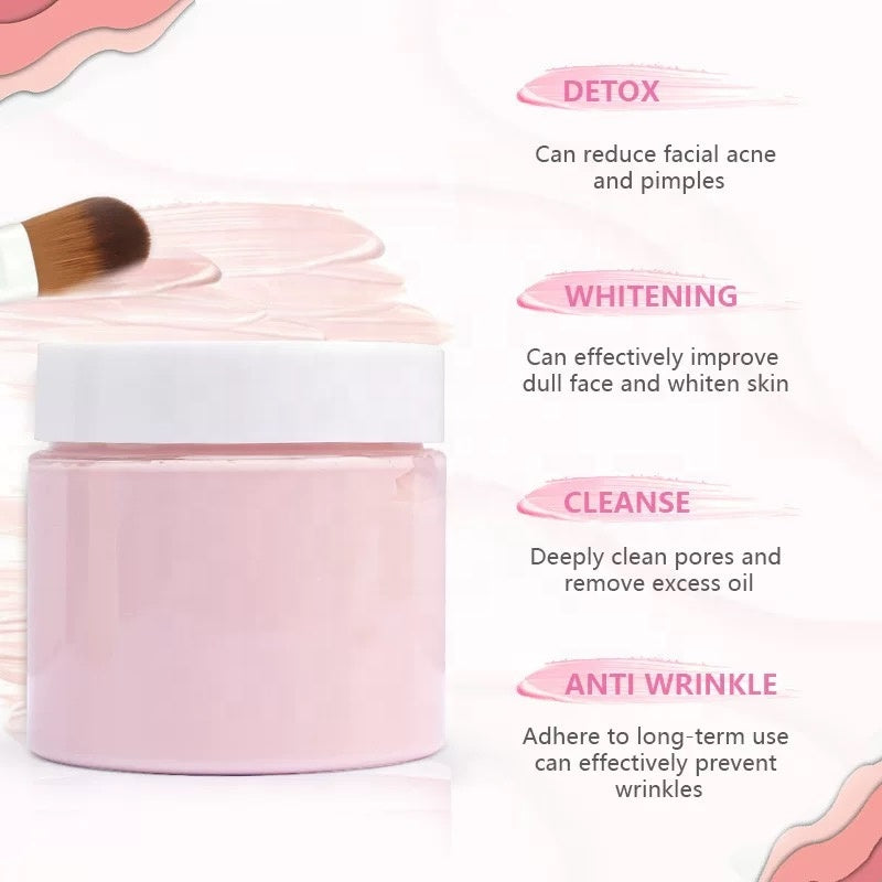 Private label collagen face mask jar with benefits for detox, whitening, cleansing, and anti-wrinkle effects, highlighting acne and pore care.