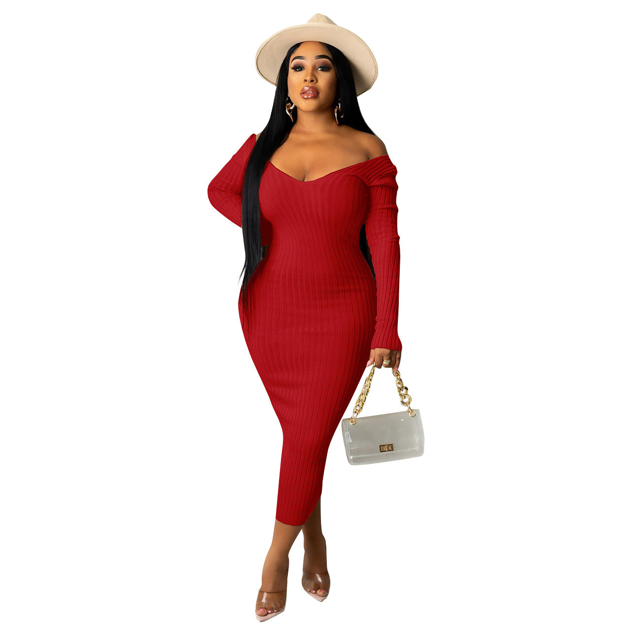 Elegant red off-shoulder women's summer dress 2022 with customized design.