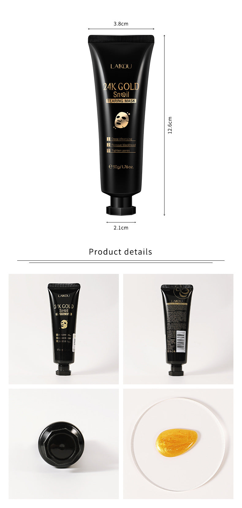 Gold Foil Peeling Mask 24k 50g tube, pore cleansing and skin care product display.