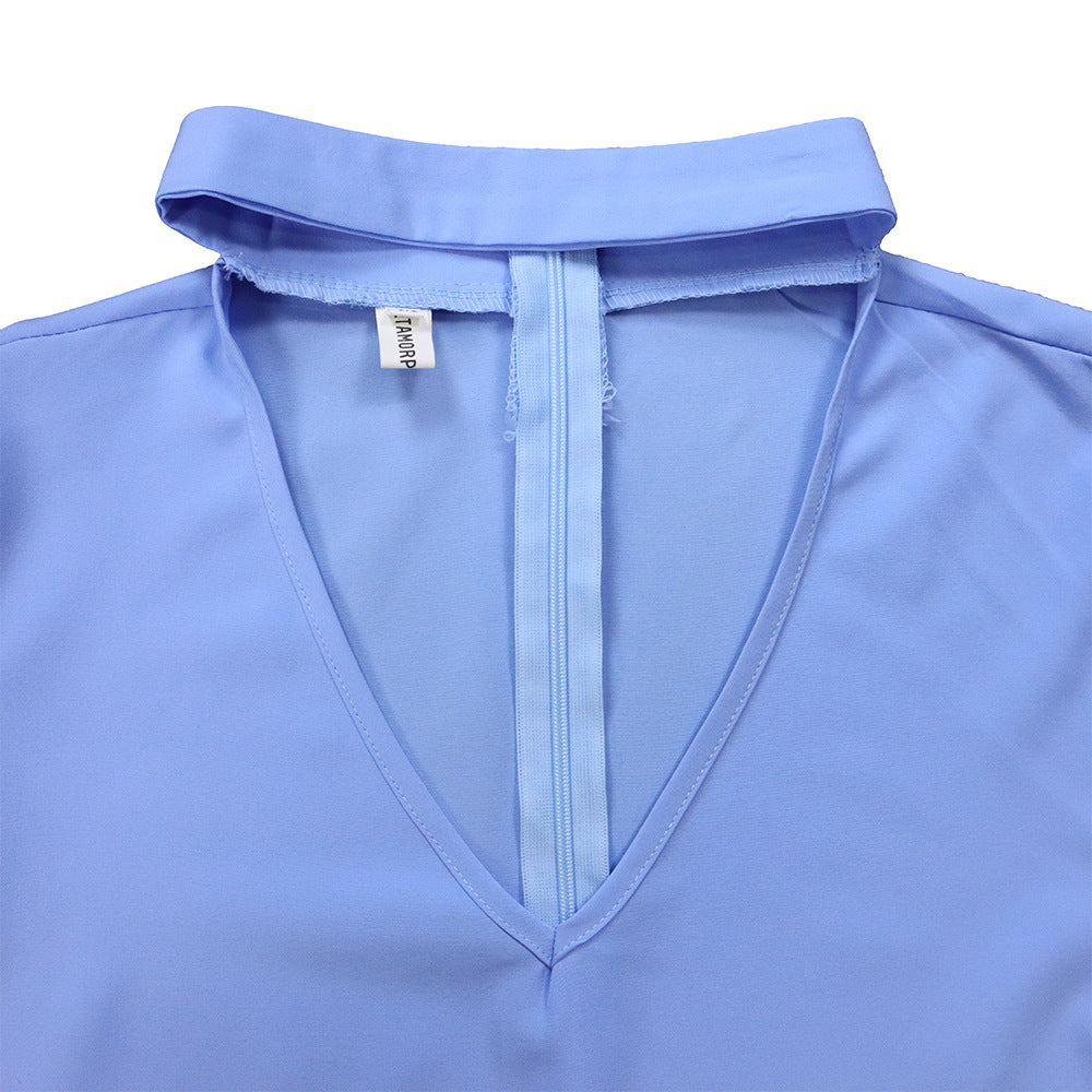 Elegant knee-length blue dress with a V-neck and collared design.