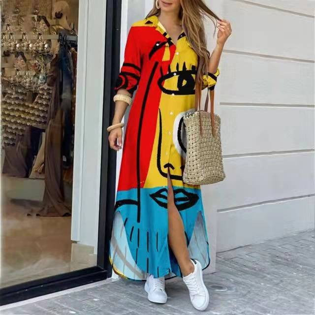 Fashionable long sleeve shirt dress for women with a vibrant abstract print, perfect for casual fall wear.