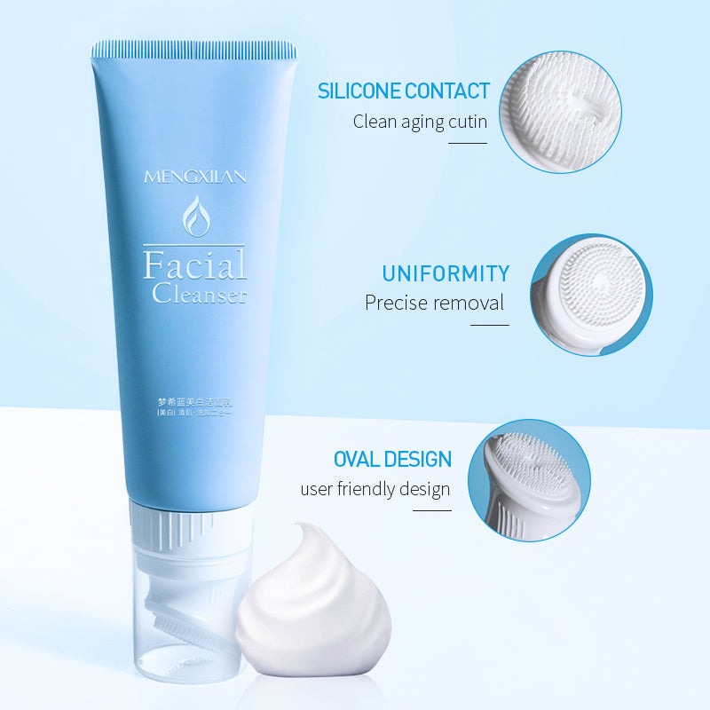Deep cleansing whitening facial cleanser with silicone contact and oval design for precise removal.