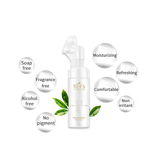 XEFS Deep Cleansing & Moisturizing Foam Face Wash with Silicone Brush, soap-free, fragrance-free, alcohol-free.