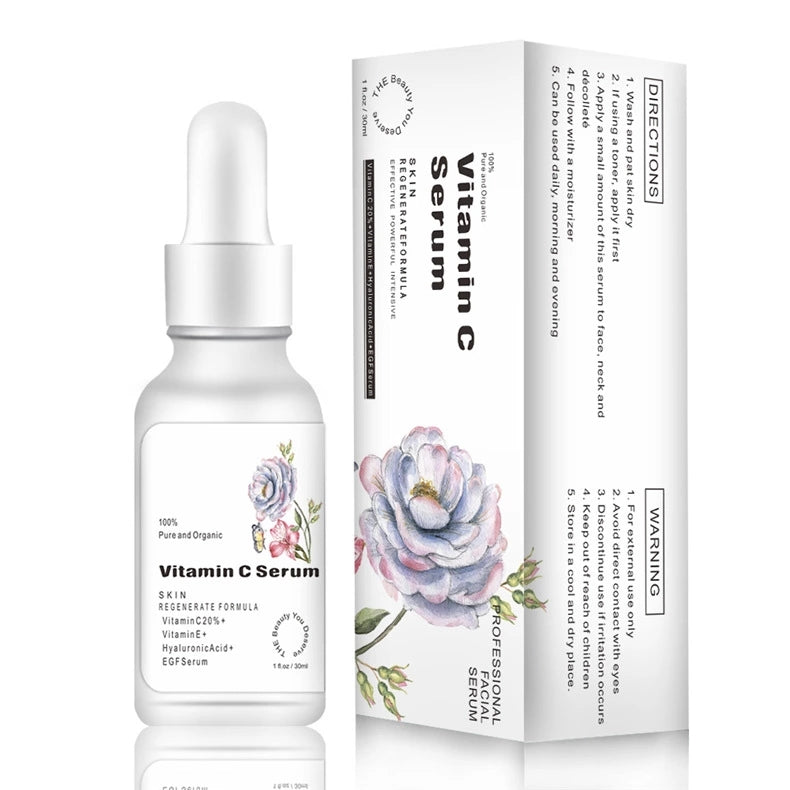 Organic Vitamin C face serum with anti-aging and whitening properties, 30ml bottle.
