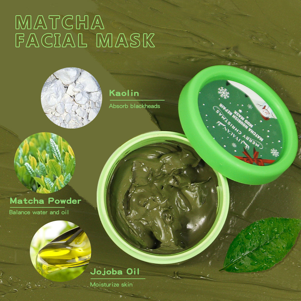 Matcha facial mask with kaolin, matcha powder, jojoba oil, green texture and Christmas-themed lid.