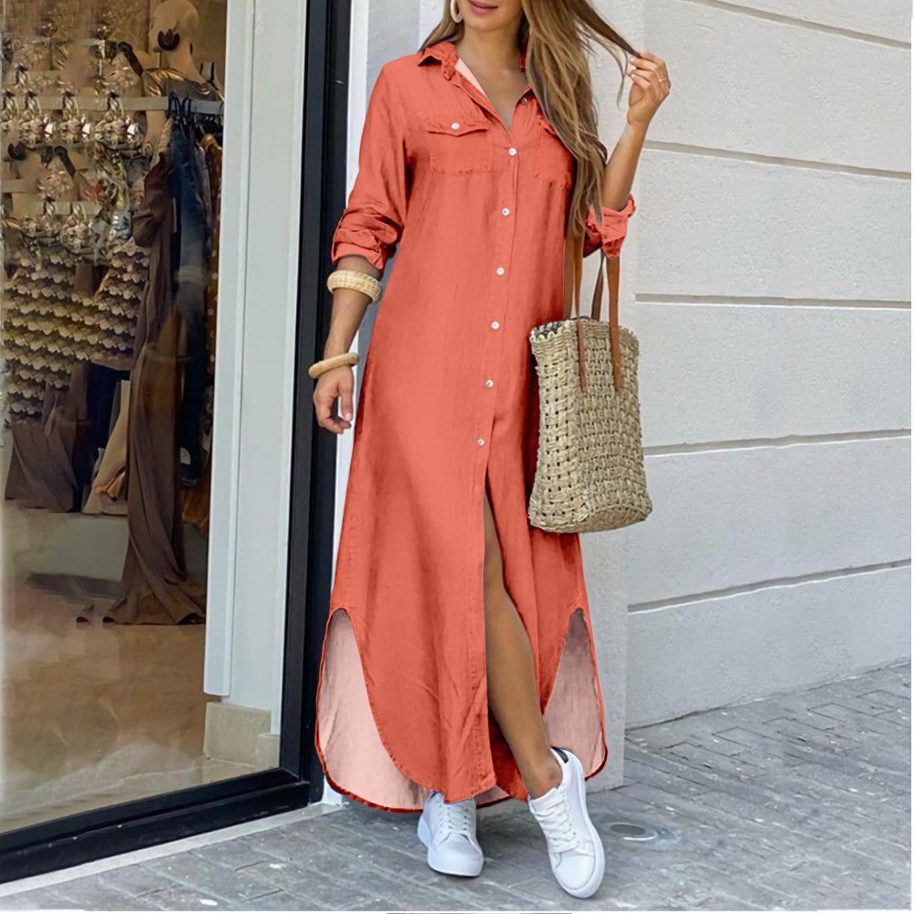 Women's casual long shirt dress, autumn fashion, plus size, in coral shade with roll-up sleeves and button-down design.