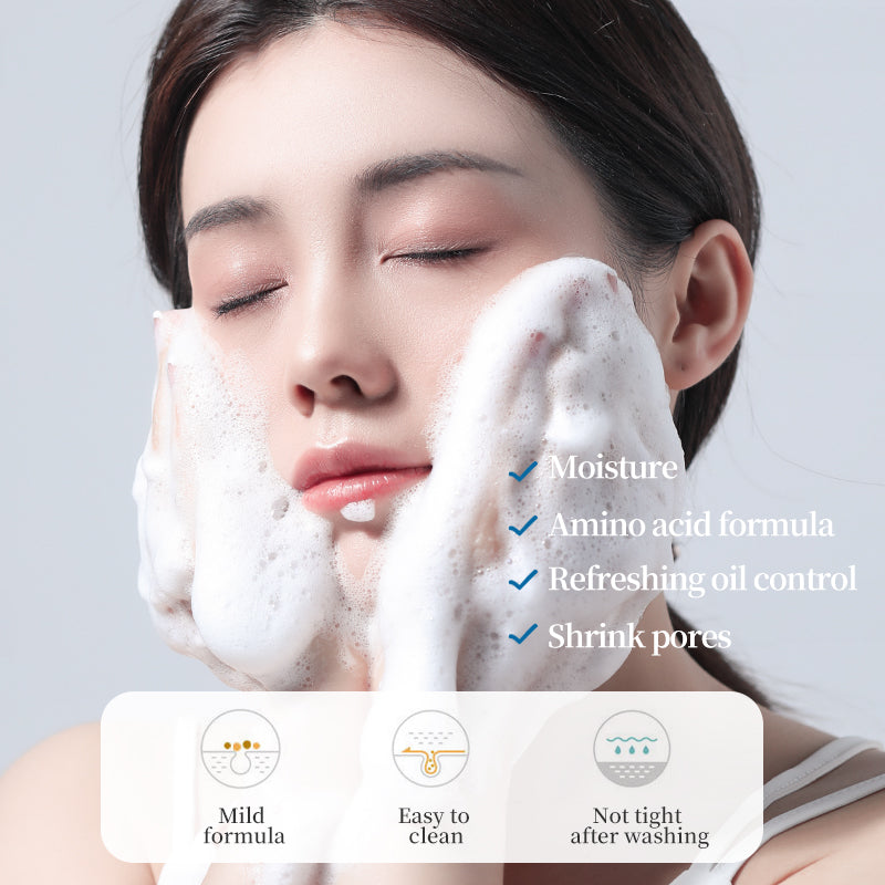 Woman using Moisturizing Anti-Acne Daily Cream Cleanser with Amino Acids, demonstrating lather and benefits.
