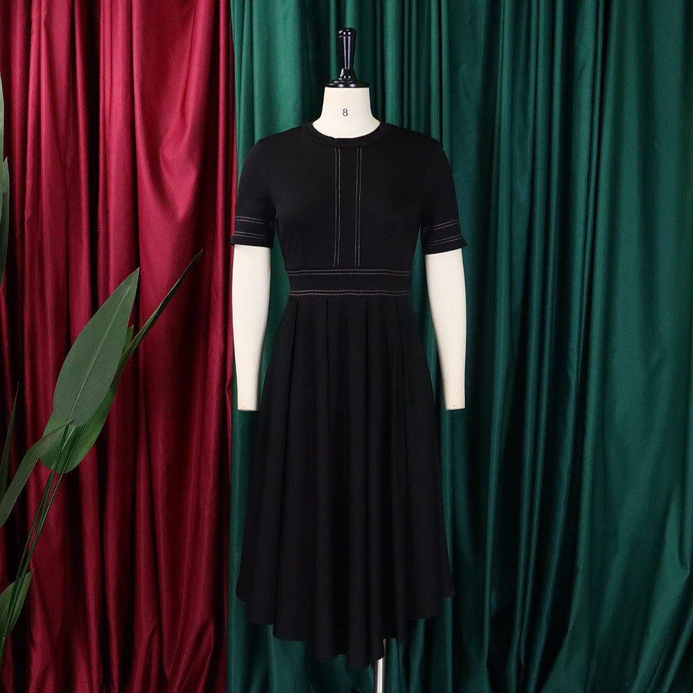 Elegant A-line short sleeve office dress for women, African summer style in black.