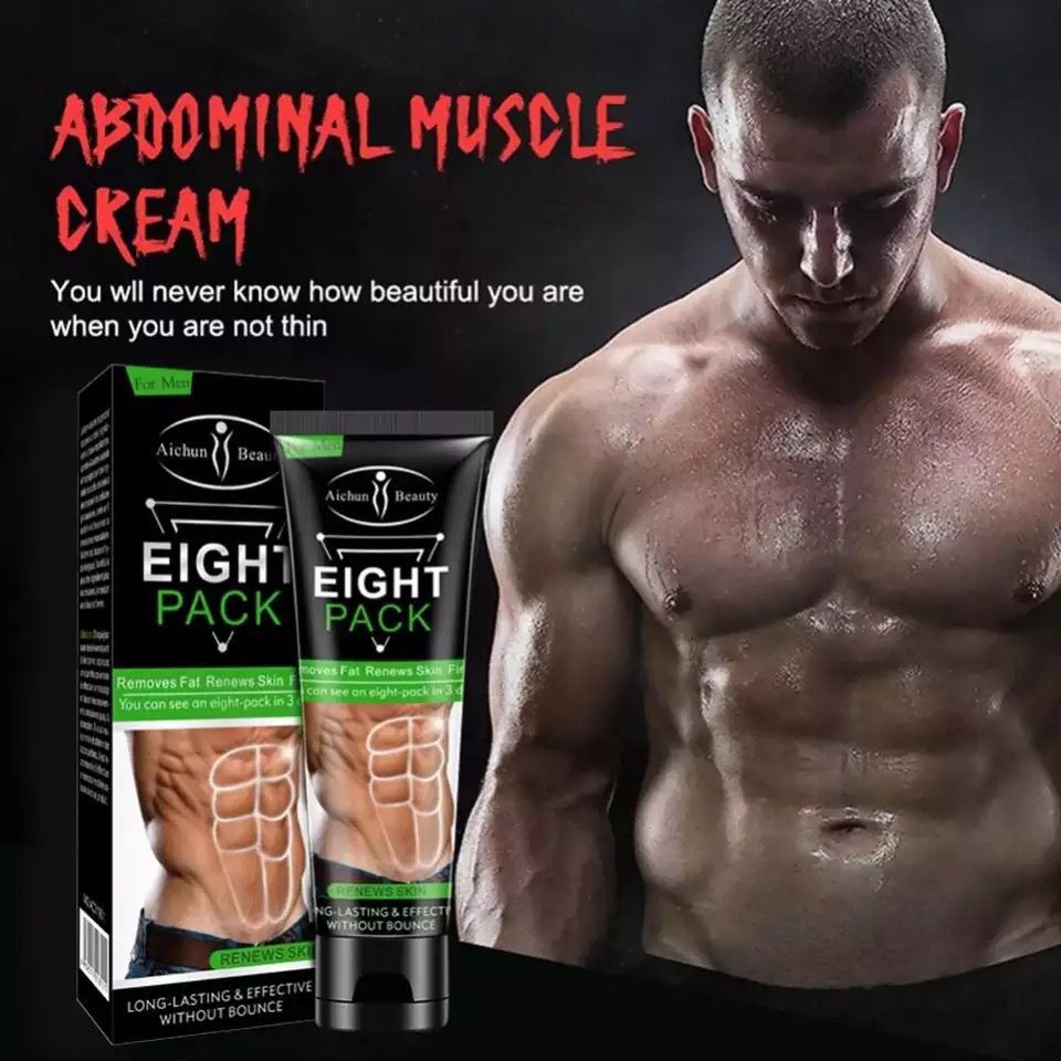 Abdominal muscle cream packaging with male model showcasing abs.