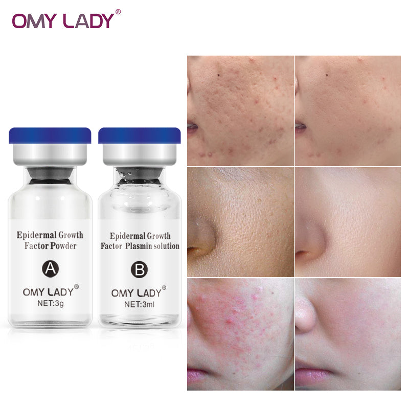 Korean skincare serum with EGF stem cell for microneedling; improves texture and elasticity, treats scars and wrinkles.