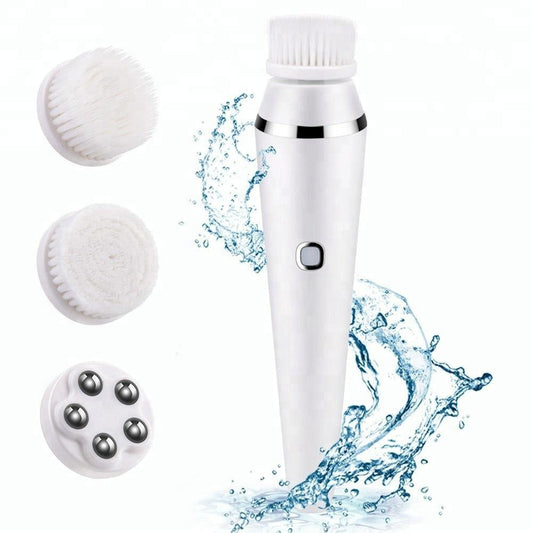 Waterproof rechargeable facial cleansing brush with multiple heads for deep pore cleaning.