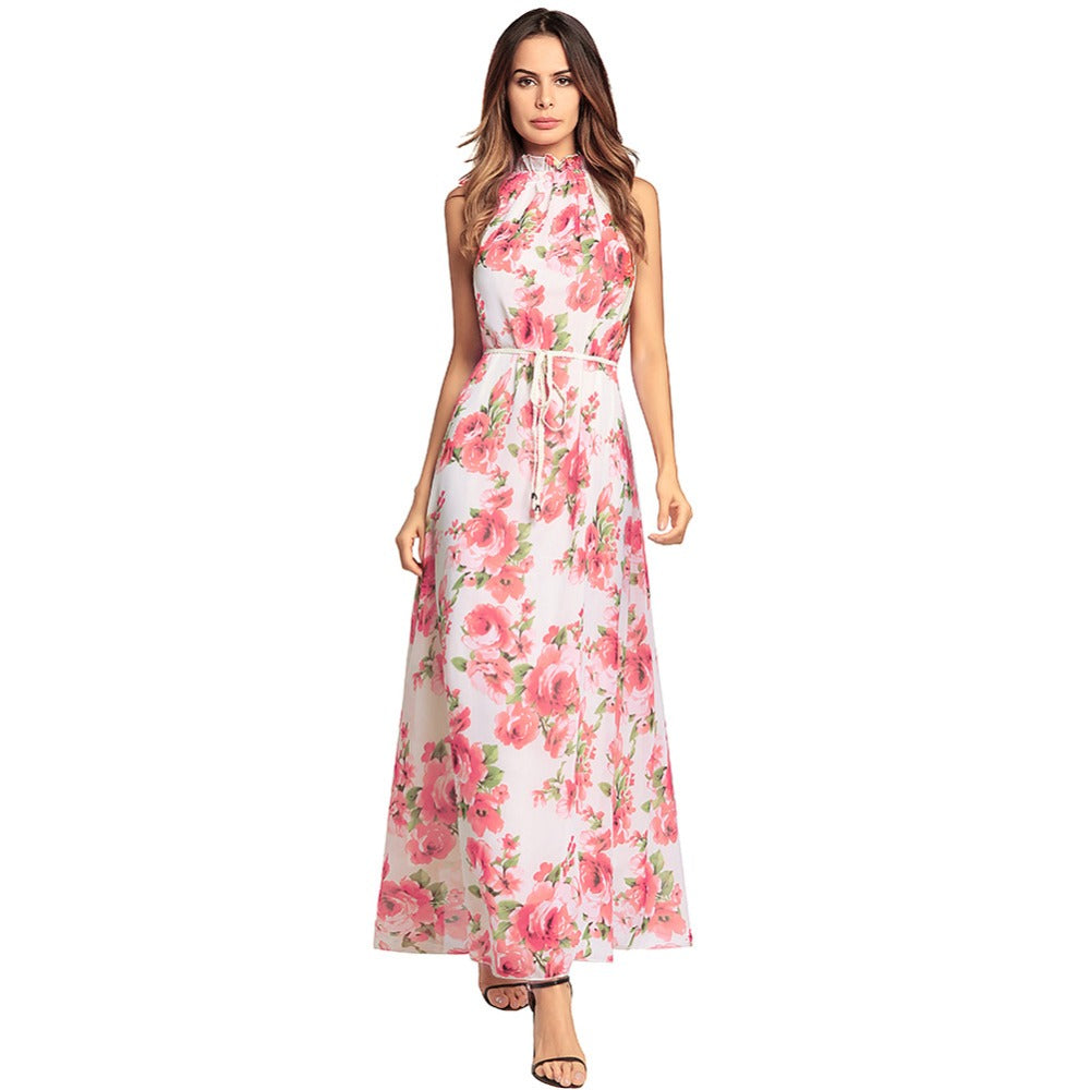 Floral sleeveless summer dress for women made of 100% polyester.