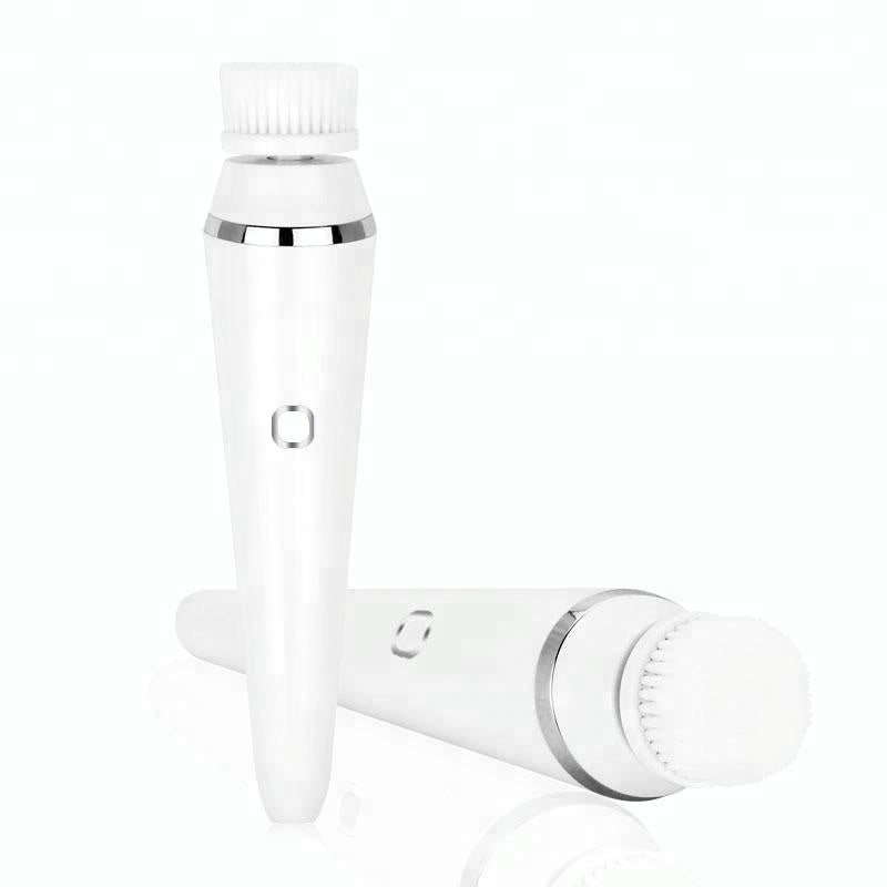 Facial cleansing brush, waterproof, rechargeable, white, with multiple speeds for pore cleaning.