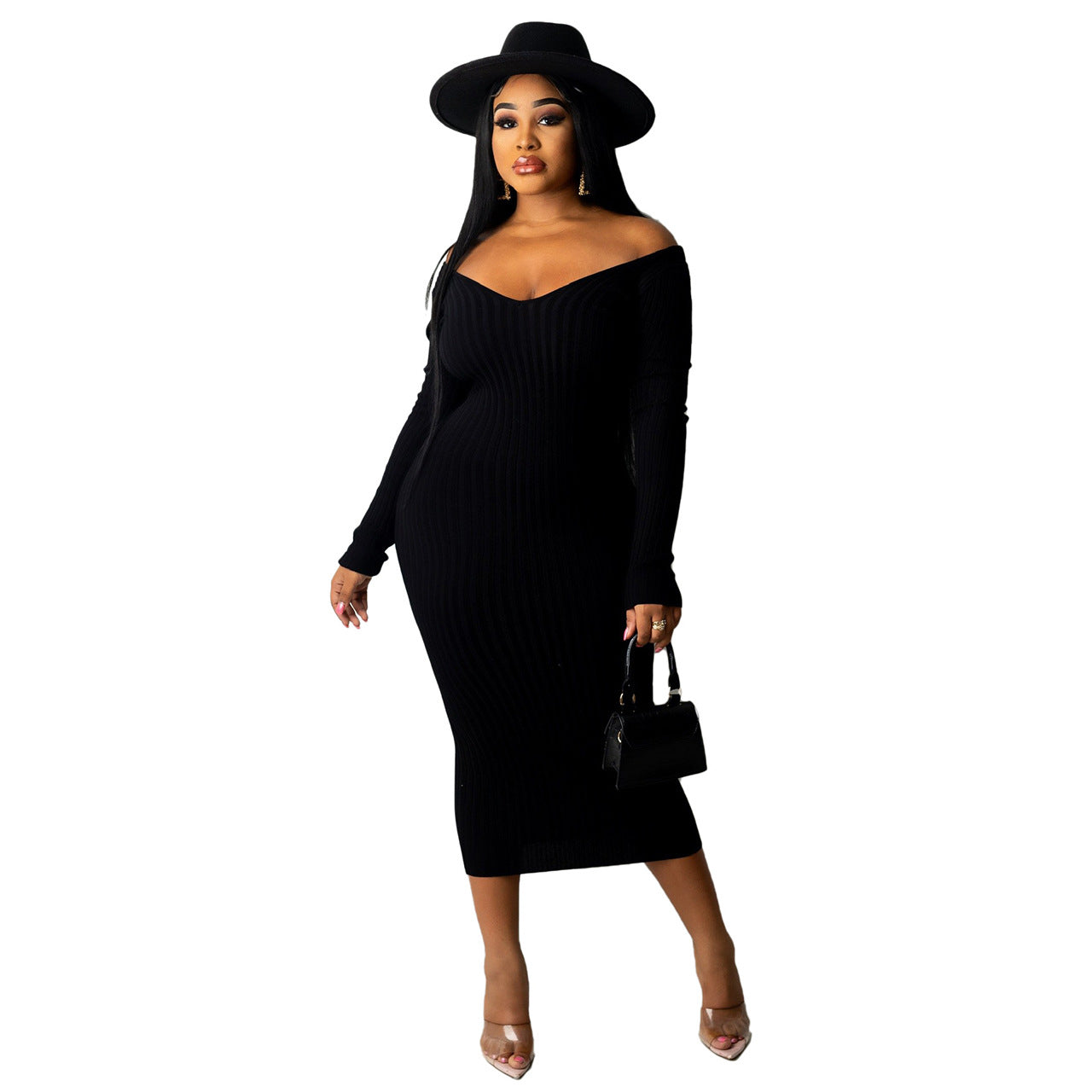 Elegant black women's summer dress with off-the-shoulder design and matching hat.