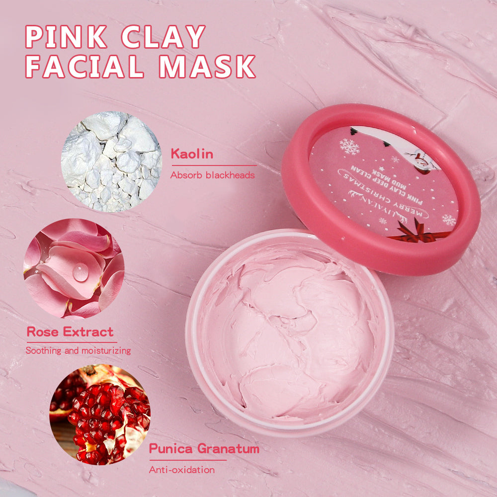 Pink clay facial mask with kaolin, rose extract, and punica granatum, showcasing soothing and anti-oxidation properties.